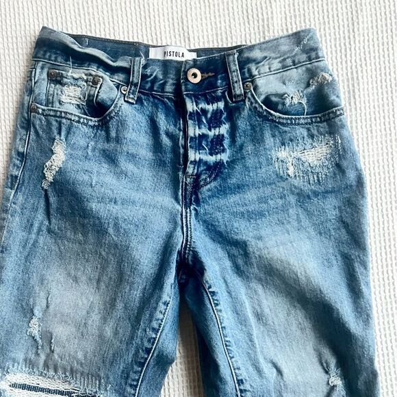 Pistola Distressed Light Wash Button Fly Straight Leg High Rise Crop Jeans SZ 25 - Picture 3 of 13